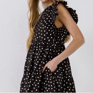 ENGLISH FACTORY Black Polka Dot Ruffle Mini Dress XS Babydoll Pockets NWT